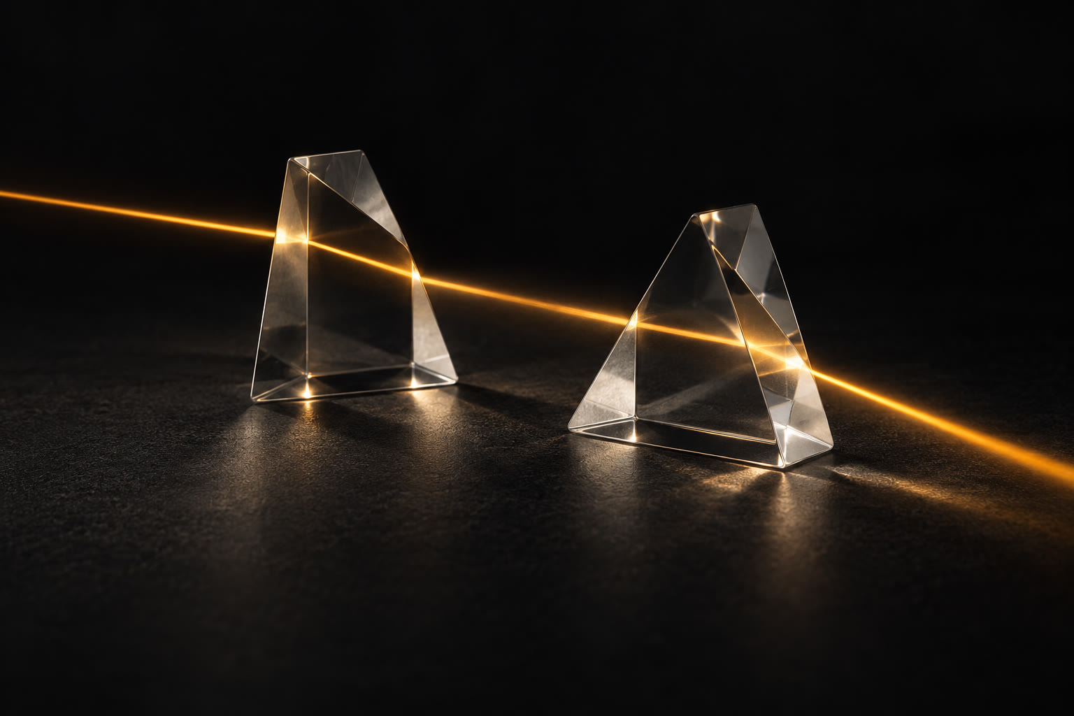 Two clear glass prisms on a near-black surface, one warm amber beam of light passing through both.