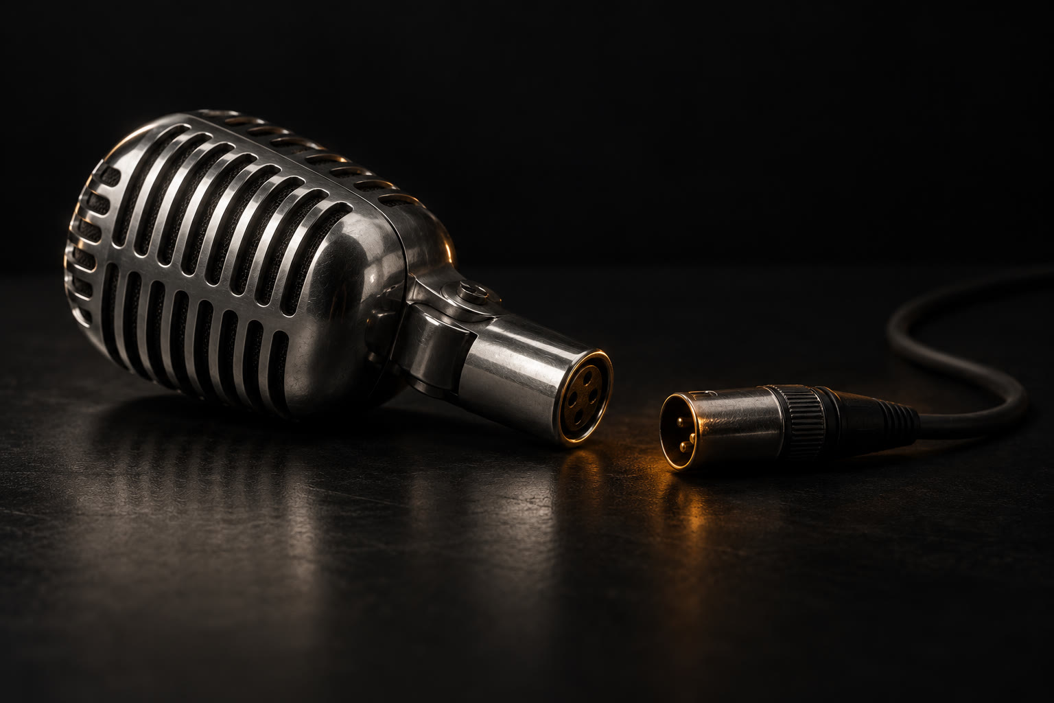 A vintage studio microphone lying on its side on a near-black table, its cable unplugged and loose beside it, with a faint warm amber glow near the connector.