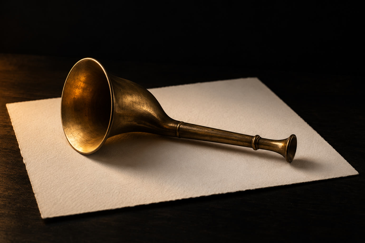 A small brass ear trumpet resting on a blank sheet of thick cotton paper on a near-black desk, lit by a warm amber light.