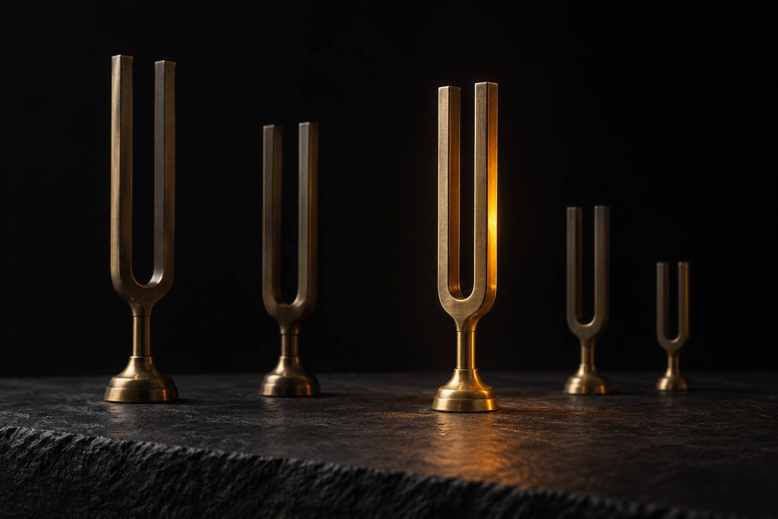A row of brass tuning forks of different sizes standing on dark slate, one of them catching a warm amber light.